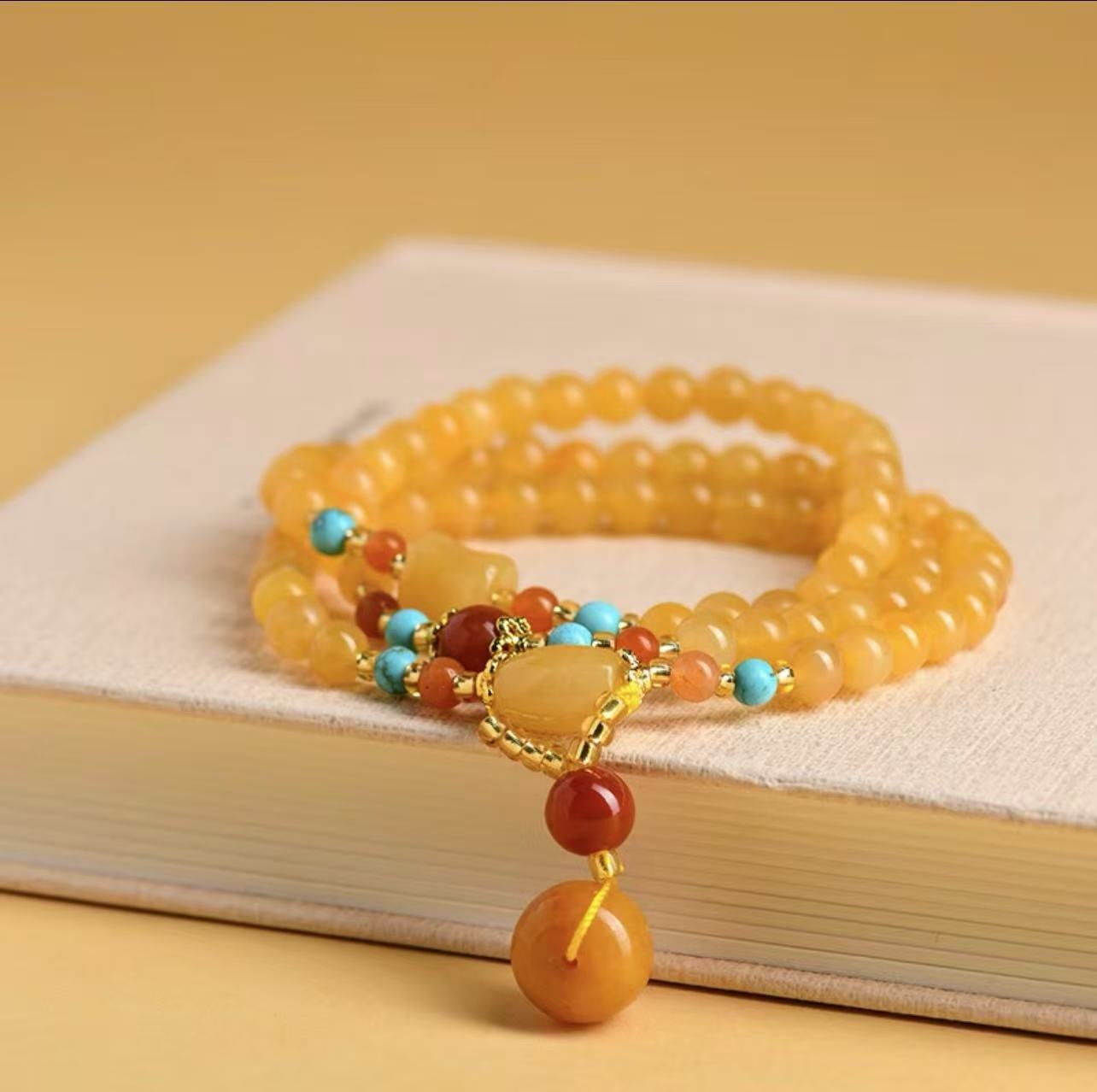 Yellow Dragon Jade Triple-Wrap Bracelet