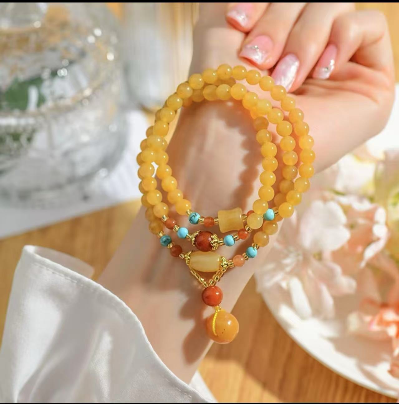 Yellow Dragon Jade Triple-Wrap Bracelet