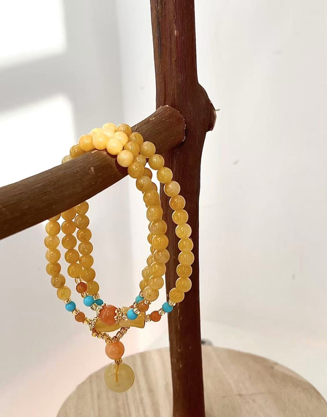 Yellow Dragon Jade Triple-Wrap Bracelet