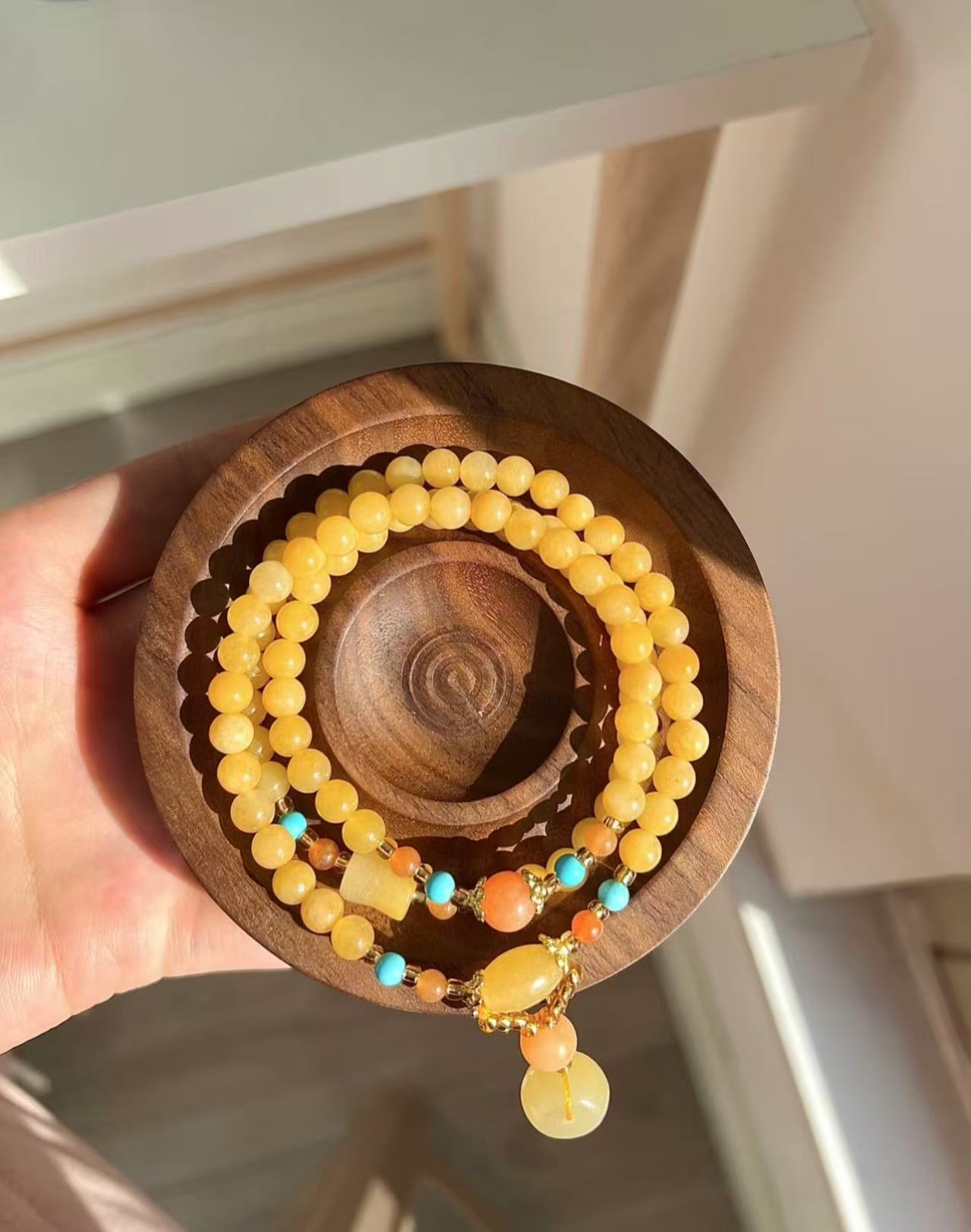 Yellow Dragon Jade Triple-Wrap Bracelet